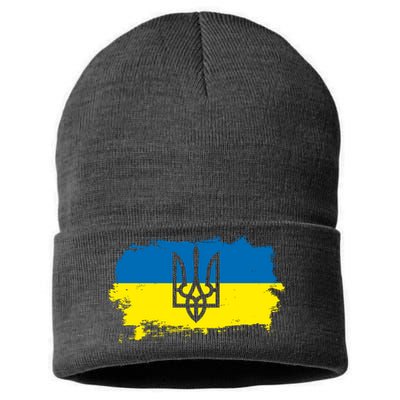 Stand With Ukraine Painted Distressed Ukrainian Flag Symbol Sustainable Knit Beanie
