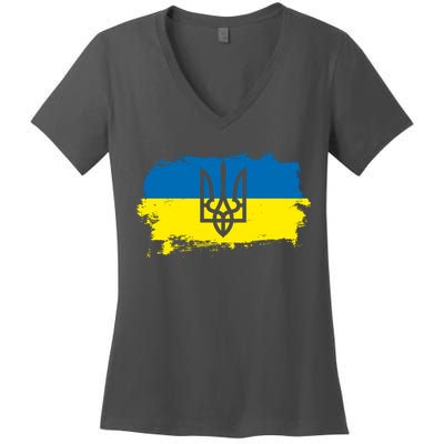 Stand With Ukraine Painted Distressed Ukrainian Flag Symbol Women's V-Neck T-Shirt