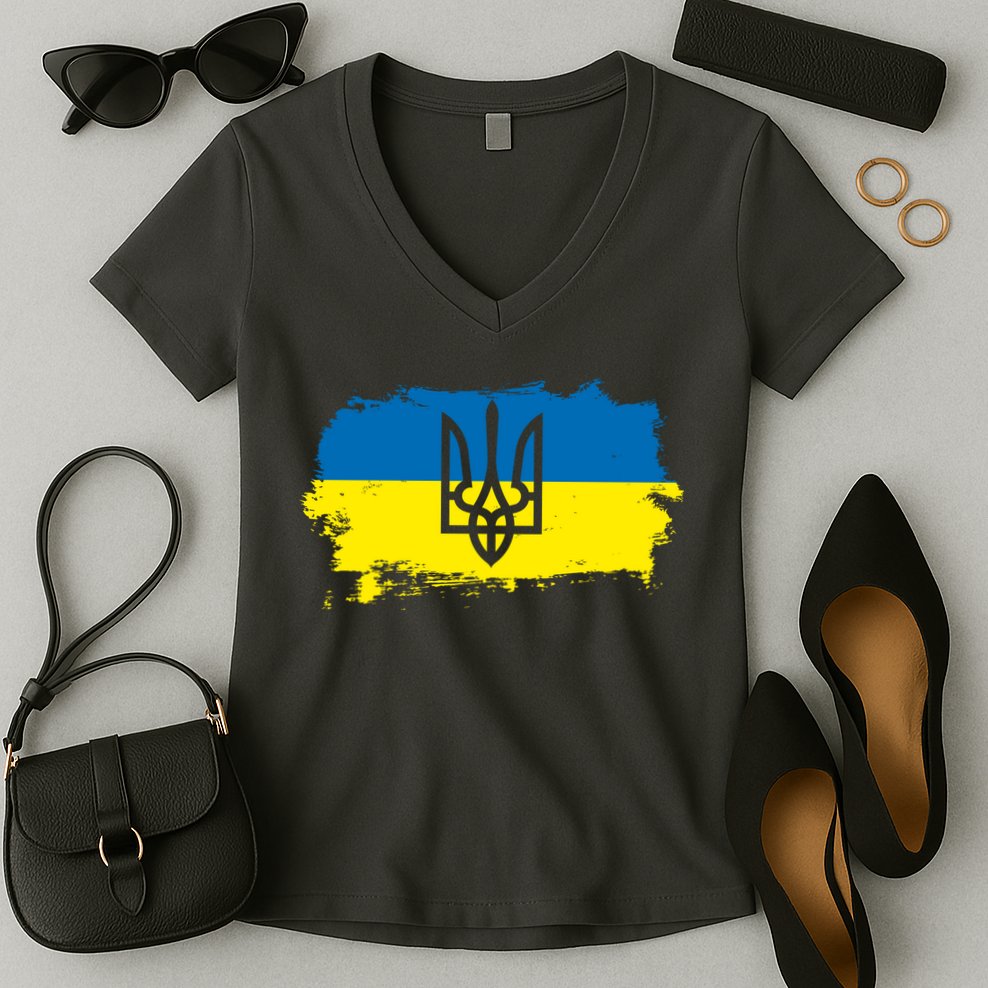 Stand With Ukraine Painted Distressed Ukrainian Flag Symbol Women's V-Neck T-Shirt