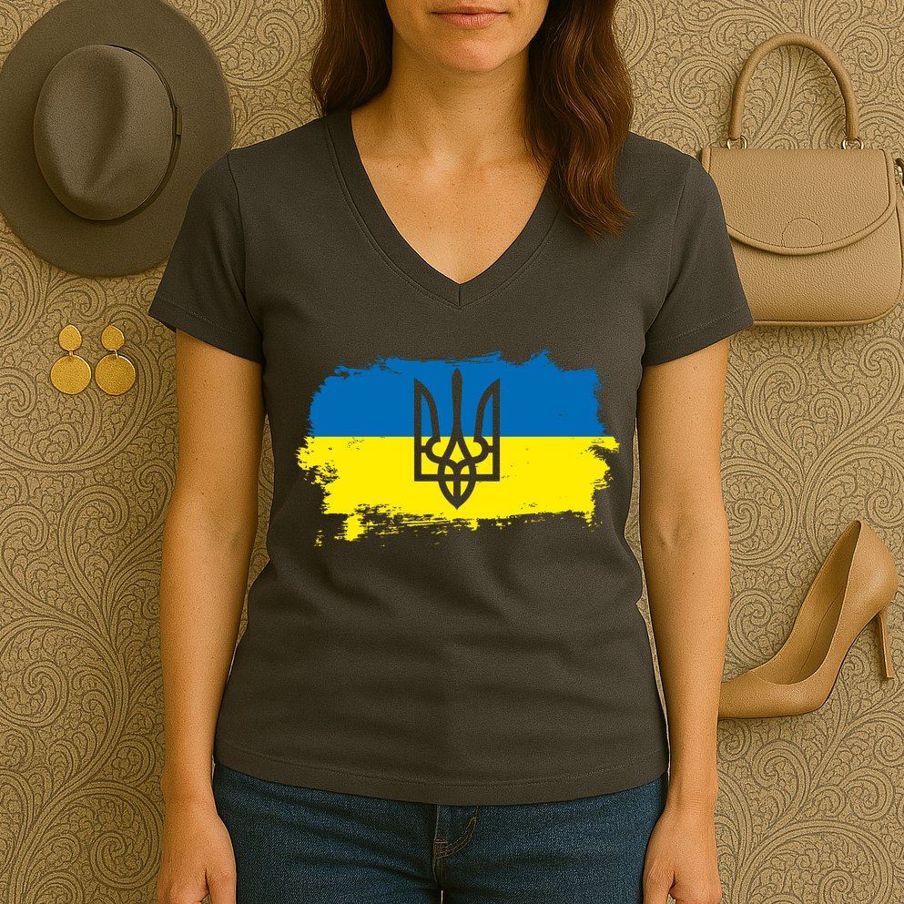 Stand With Ukraine Painted Distressed Ukrainian Flag Symbol Women's V-Neck T-Shirt