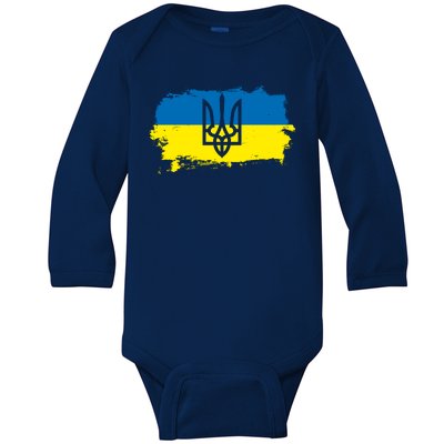 Stand With Ukraine Painted Distressed Ukrainian Flag Symbol Baby Long Sleeve Bodysuit