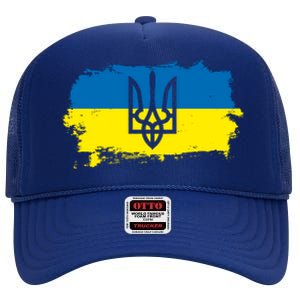 Stand With Ukraine Painted Distressed Ukrainian Flag Symbol High Crown Mesh Back Trucker Hat