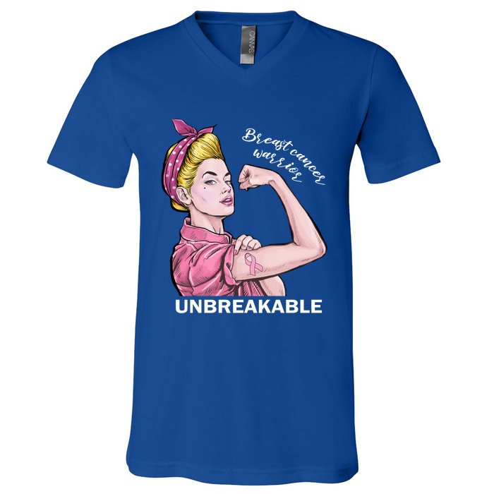 Strong Warrior Unbreakable Breast Cancer Awareness Funny Gift V-Neck T-Shirt