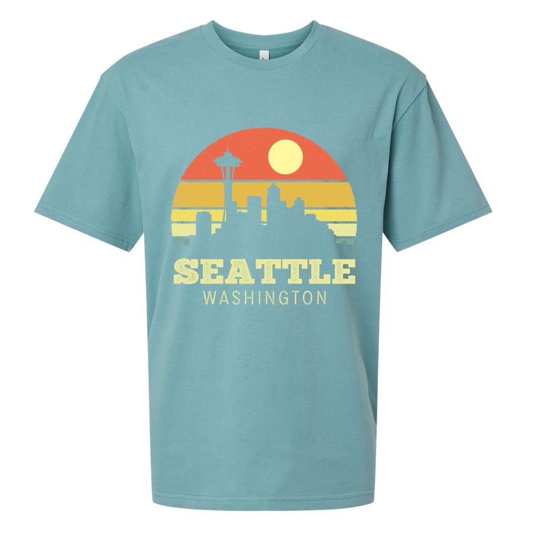 Seattle Washington Vintage Sunset City Needle Retro Style Funny Gift Sueded Cloud Jersey T-Shirt