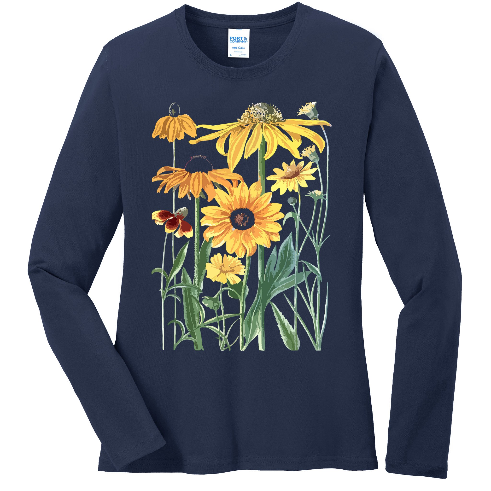 Sunflower Wildflower Vintage Botanical Plant Gardening Ladies Long Sleeve Shirt