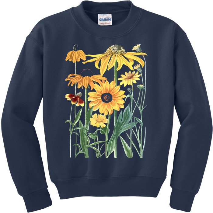 Sunflower Wildflower Vintage Botanical Plant Gardening Kids Sweatshirt