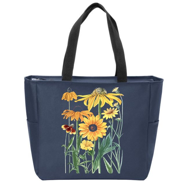 Sunflower Wildflower Vintage Botanical Plant Gardening Zip Tote Bag