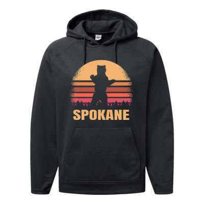 Spokane Washington Vintage Bear Wa Distressed 70s 80s Sunset Performance Fleece Hoodie