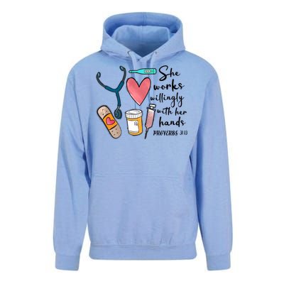 She Works Willingly With Her Hands Funny Nursing Gift Unisex Surf Hoodie