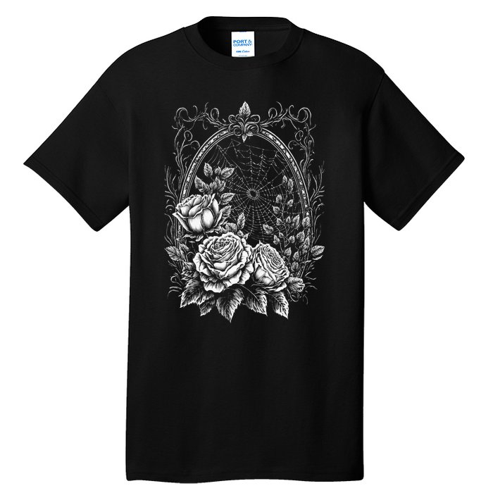 Spider Web With Frame And Roses Halloween Goth Nature Witch Tall T-Shirt