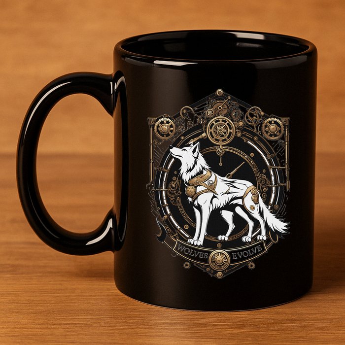 Steampunk Wolf White Crest Wolves Evolve 11oz C Handle Ceramic Mug