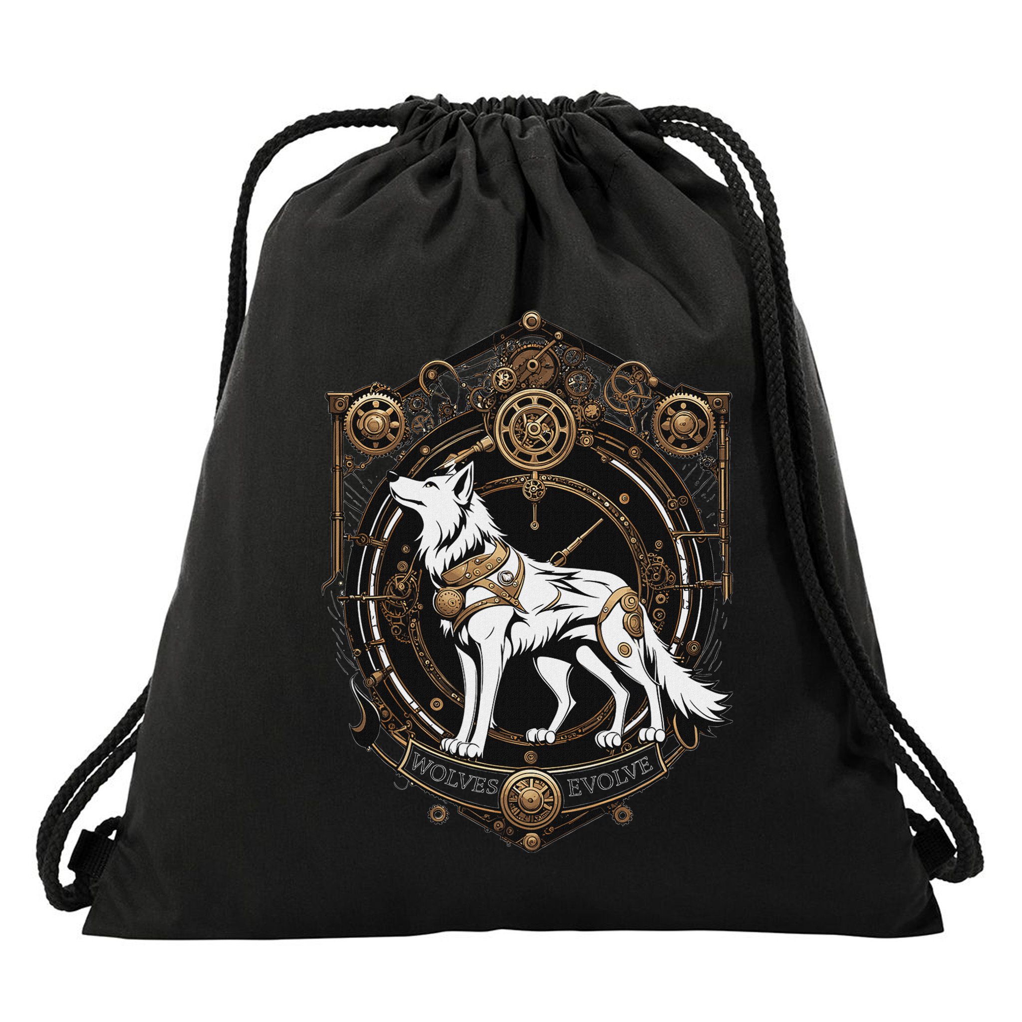Steampunk Wolf White Crest Wolves Evolve Drawstring Bag