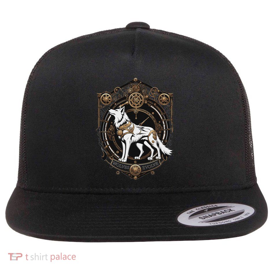Steampunk Wolf White Crest Wolves Evolve Flat Bill Trucker Hat