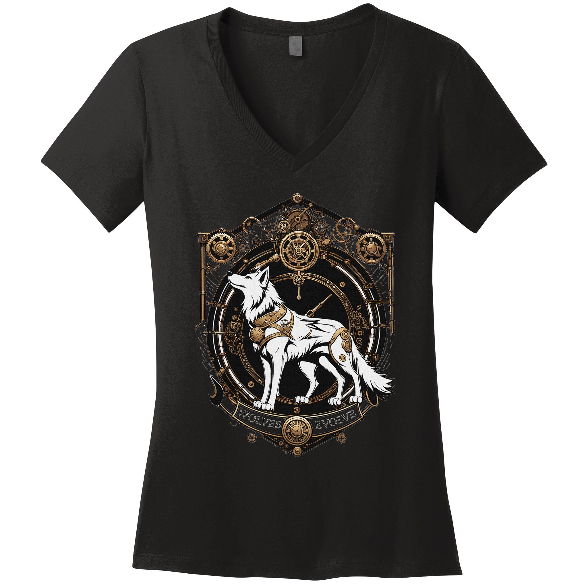 Steampunk Wolf White Crest Wolves Evolve Women's V-Neck T-Shirt