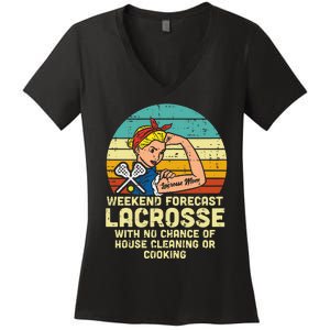 Strong Woman Weekend Forecast Lacrosse Mom Lax Mama Women's V-Neck T-Shirt