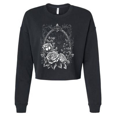 Spider Web With Frame And Roses Halloween Goth Nature Witch Cropped Pullover Crew