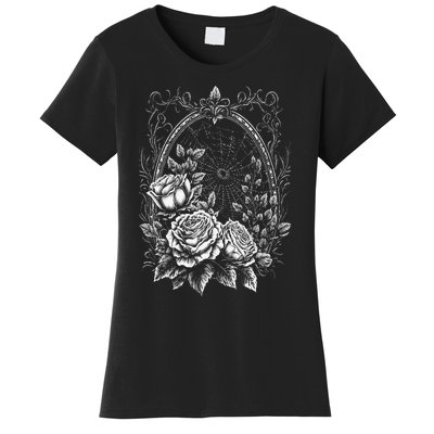 Spider Web With Frame And Roses Halloween Goth Nature Witch Women's T-Shirt