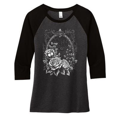 Spider Web With Frame And Roses Halloween Goth Nature Witch Women's Tri-Blend 3/4-Sleeve Raglan Shirt