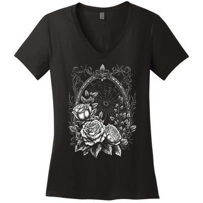 Spider Web With Frame And Roses Halloween Goth Nature Witch Women's V-Neck T-Shirt