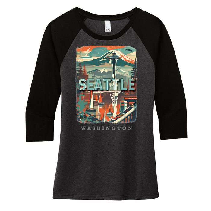 Seattle W.A.S..H.I.N.G.T.O.N Wa Emerald City Skyline Sd270 Women's Tri-Blend 3/4-Sleeve Raglan Shirt