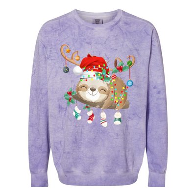 Sloths Xmas Gift Lighting Reindeer Santa Hat Sloth Christmas Meaningful Gift Colorblast Crewneck Sweatshirt