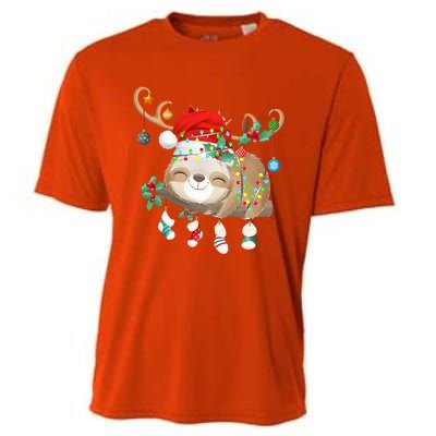 Sloths Xmas Gift Lighting Reindeer Santa Hat Sloth Christmas Meaningful Gift Cooling Performance Crew T-Shirt