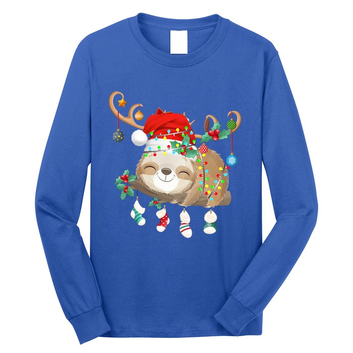 Sloths Xmas Gift Lighting Reindeer Santa Hat Sloth Christmas Meaningful Gift Long Sleeve Shirt