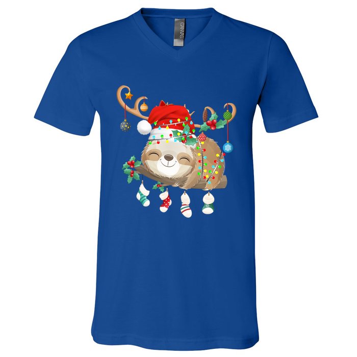 Sloths Xmas Gift Lighting Reindeer Santa Hat Sloth Christmas Meaningful Gift V-Neck T-Shirt