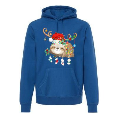 Sloths Xmas Gift Lighting Reindeer Santa Hat Sloth Christmas Meaningful Gift Premium Hoodie