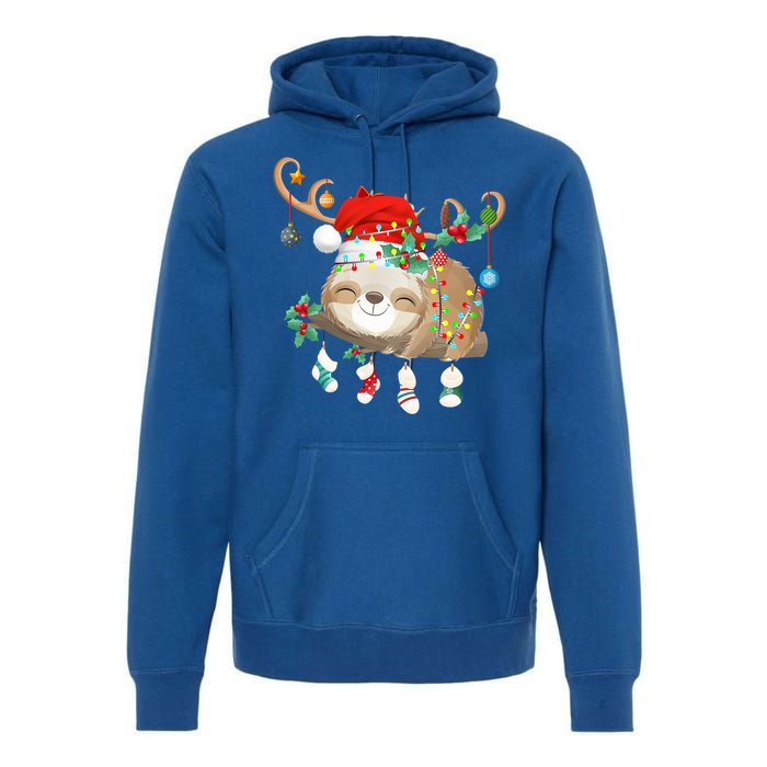 Sloths Xmas Gift Lighting Reindeer Santa Hat Sloth Christmas Meaningful Gift Premium Hoodie