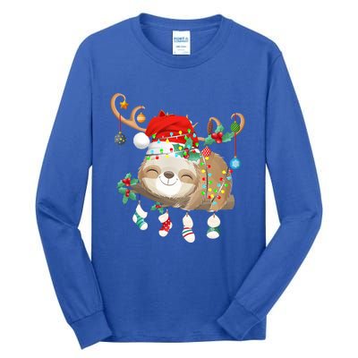 Sloths Xmas Gift Lighting Reindeer Santa Hat Sloth Christmas Meaningful Gift Tall Long Sleeve T-Shirt