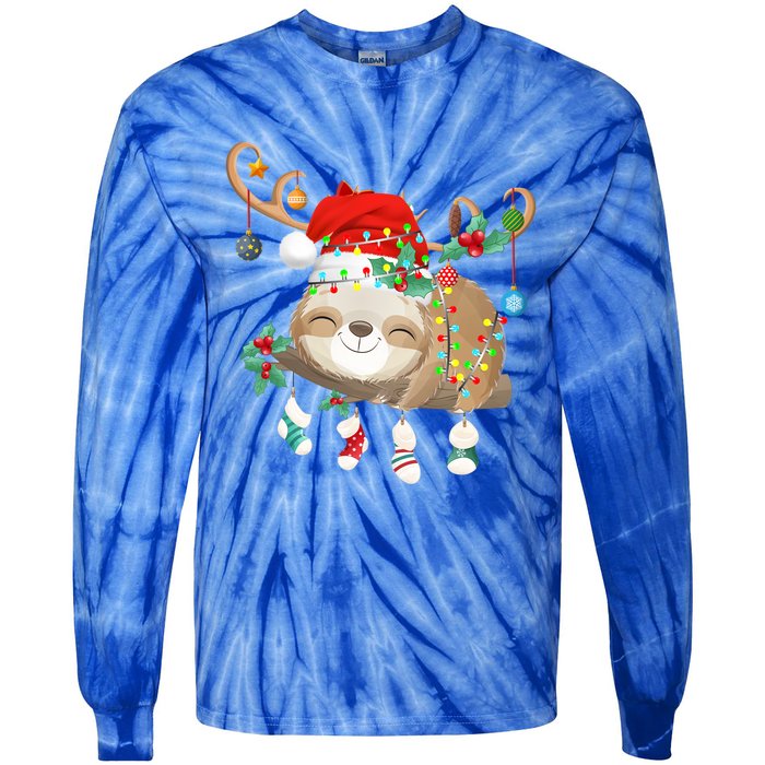 Sloths Xmas Gift Lighting Reindeer Santa Hat Sloth Christmas Meaningful Gift Tie-Dye Long Sleeve Shirt