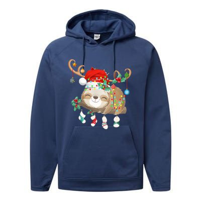 Sloths Xmas Gift Lighting Reindeer Santa Hat Sloth Christmas Meaningful Gift Performance Fleece Hoodie