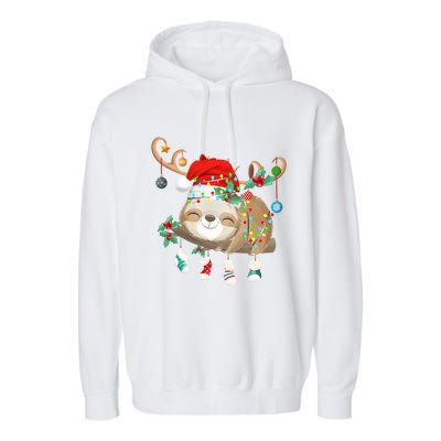 Sloths Xmas Gift Lighting Reindeer Santa Hat Sloth Christmas Meaningful Gift Garment-Dyed Fleece Hoodie