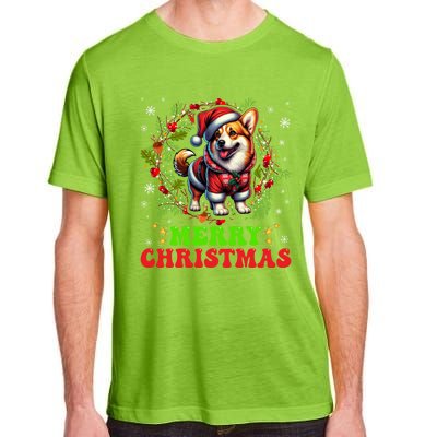 Snowflakes Xmas Gift Merry Christmas Corgi Santa Hat Lights Tree Adult ChromaSoft Performance T-Shirt