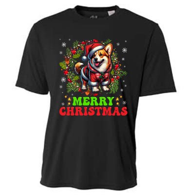 Snowflakes Xmas Gift Merry Christmas Corgi Santa Hat Lights Tree Cooling Performance Crew T-Shirt