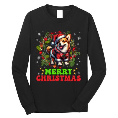 Snowflakes Xmas Gift Merry Christmas Corgi Santa Hat Lights Tree Long Sleeve Shirt