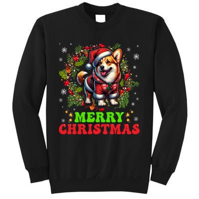 Snowflakes Xmas Gift Merry Christmas Corgi Santa Hat Lights Tree Sweatshirt