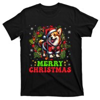 Snowflakes Xmas Gift Merry Christmas Corgi Santa Hat Lights Tree T-Shirt