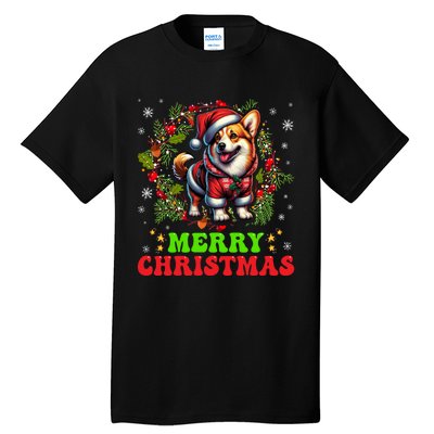 Snowflakes Xmas Gift Merry Christmas Corgi Santa Hat Lights Tree Tall T-Shirt