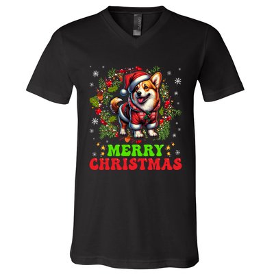 Snowflakes Xmas Gift Merry Christmas Corgi Santa Hat Lights Tree V-Neck T-Shirt