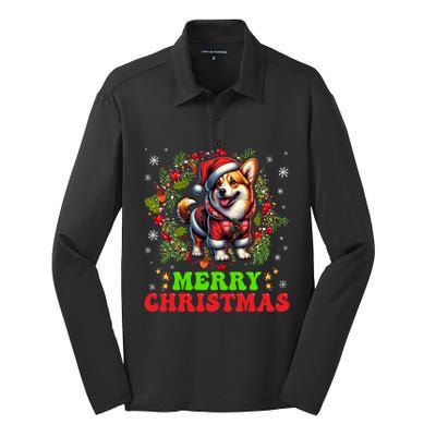 Snowflakes Xmas Gift Merry Christmas Corgi Santa Hat Lights Tree Silk Touch Performance Long Sleeve Polo