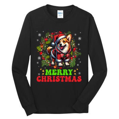 Snowflakes Xmas Gift Merry Christmas Corgi Santa Hat Lights Tree Tall Long Sleeve T-Shirt