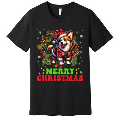 Snowflakes Xmas Gift Merry Christmas Corgi Santa Hat Lights Tree Premium T-Shirt