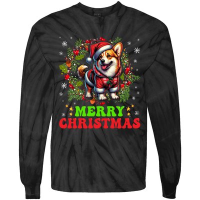 Snowflakes Xmas Gift Merry Christmas Corgi Santa Hat Lights Tree Tie-Dye Long Sleeve Shirt