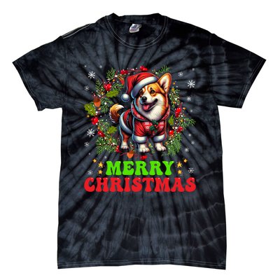 Snowflakes Xmas Gift Merry Christmas Corgi Santa Hat Lights Tree Tie-Dye T-Shirt