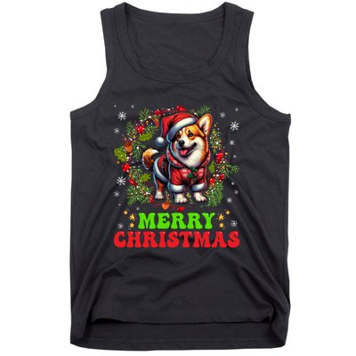 Snowflakes Xmas Gift Merry Christmas Corgi Santa Hat Lights Tree Tank Top