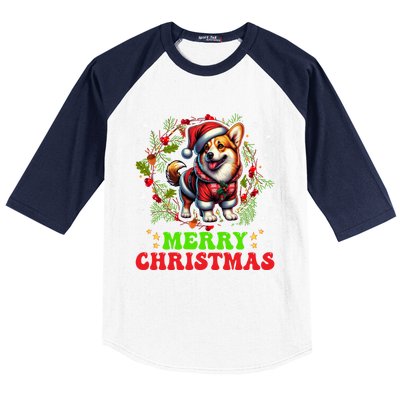 Snowflakes Xmas Gift Merry Christmas Corgi Santa Hat Lights Tree Baseball Sleeve Shirt