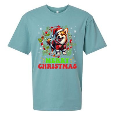 Snowflakes Xmas Gift Merry Christmas Corgi Santa Hat Lights Tree Sueded Cloud Jersey T-Shirt