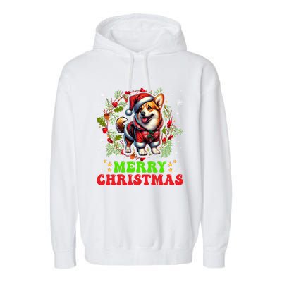 Snowflakes Xmas Gift Merry Christmas Corgi Santa Hat Lights Tree Garment-Dyed Fleece Hoodie